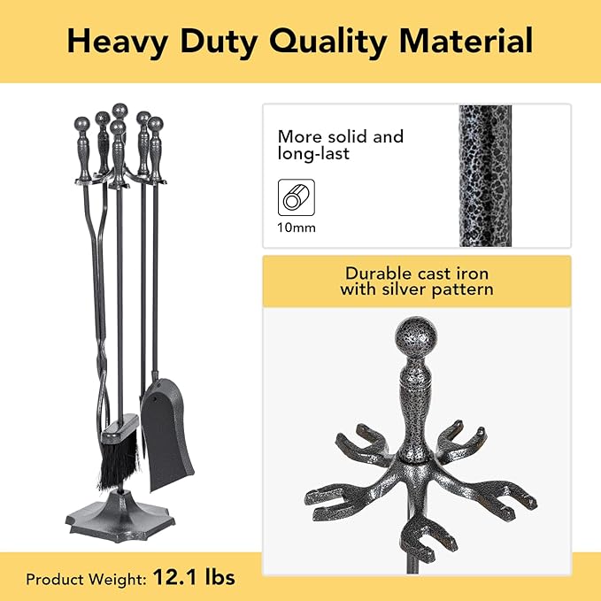 nalone 5 Pieces Fireplace Tools Set, Wrought Iron with Silver Pattern Fireplace Accessories Set with Poker, Tong, Shovel, Brush, Fire Place Tools Indoor Outdoor (Grey)
