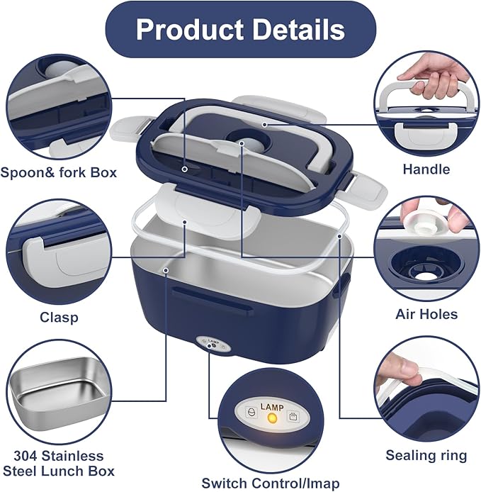 Electric Lunch Box Food Heater, 3 in 1 Ultra Quick Heated Lunch Boxes for Adults, 12V/24V/110V Portable Food Warmer for Car/Truck/Office With Fork Spoon and Insulated Carry Bag, Gifts for Men