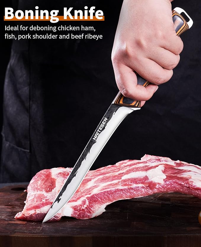 Naitesen Professional Brisket Carving Knife Set for Men, Grilling Knives, Hand Forged Super Sharp Butcher Slicing Knife Boning Knife for Meat Turkey Cutting Home Kitchen BBQ