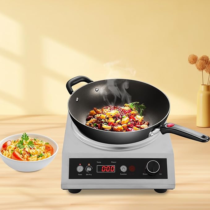 1800W Electric Wok Used For Home And Commercial,Induction Wok With Concave Surface Stainless Steel Strong Power Dual Control Mode 10 Power And Temp 24H Timer Induction Cooktop For Cooking