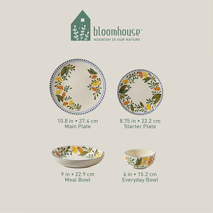 Bloomhouse - Two Time Oprah's Favorite Things Winner - Posy Blossom Double Bowl Hand Painted Stoneware Plates and Bowls Floral Dinnerware Set, Service for Four (16pcs)