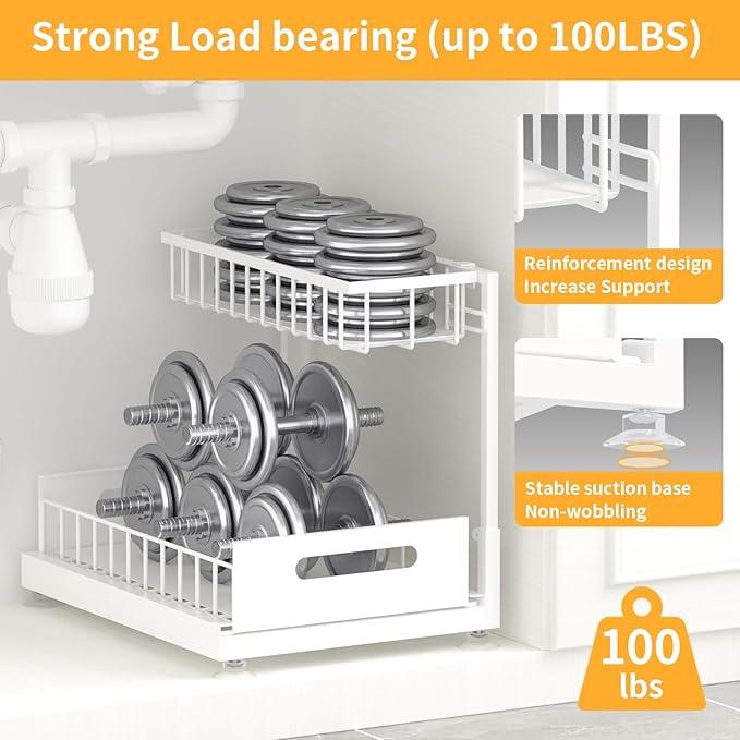 Saydear Under Sink Organizer Storage 2-Tier Premium Metal Pull-Out Kitchen Cabinet Organizer with Sliding Drawer, Height Adjustable, Heavy Duty for Kitchen & Bathroom Organizers 2 Pack White