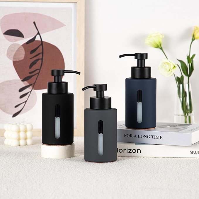 Enra Dish Soap Dispenser with Window,12oz Gary Kitchen Soap Dispenser with Stainless Steel Hand Pump,Glass Liquid Soap Dispenser Modern Lotion Bottle for Bathroom Kitchen(Dark Gray/Liquid Type)