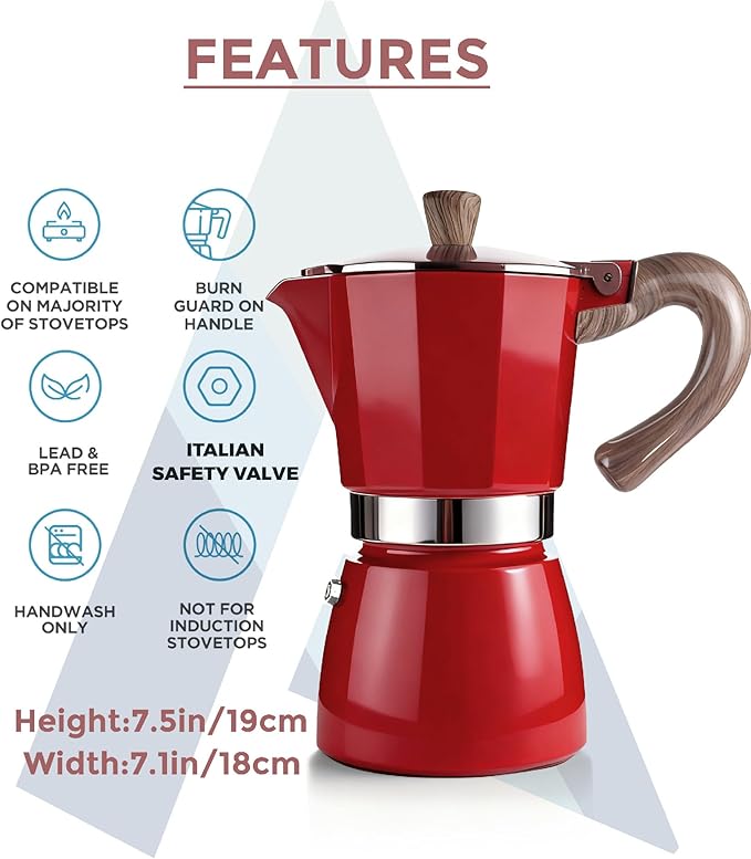 AGOGO Milano Moka Pot Stovetop Espresso Maker with 100 Paper Filters for Sediment-Free Coffee, Classic Italian Greca with Wood-Grain Handle,Cleaning Brush & Towel 6 Cup (10oz / 300ml) Red