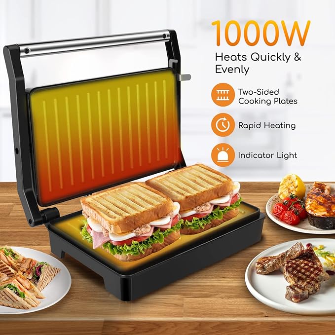 Panini Press Sandwich Maker, Aigostar 1000W Sandwich Press Grill with Non-Stick Coated Plates, Indicator Light, Locking Lid, Cool Touch Handle, Panini Maker Panini Press Grill Easy to Storage & Clean