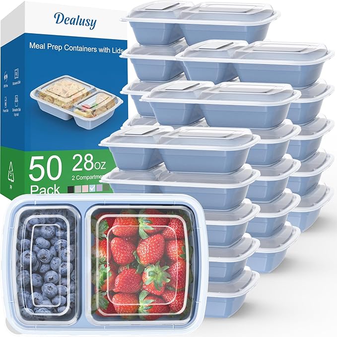 Dealusy 50 Pack (100-Piece) 28 oz Meal Prep Containers Reusable with Lids 2-Compartment, Sturdy Leakproof Food Safe, Microwave Freezer Dishwasher Safe, To Go Take Out Plastic Food Storage, Blue
