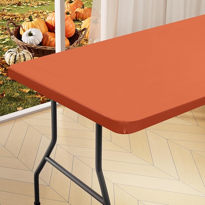 homing Rectangle Table Cloth Cover, Waterproof Polyester Elastic Fitted Tablecloth, Fits for 4 Foot Folding Tables, Washable Table Protector for Fall, Thanksgiving, Harvest Party (Rust, 30" x 48")