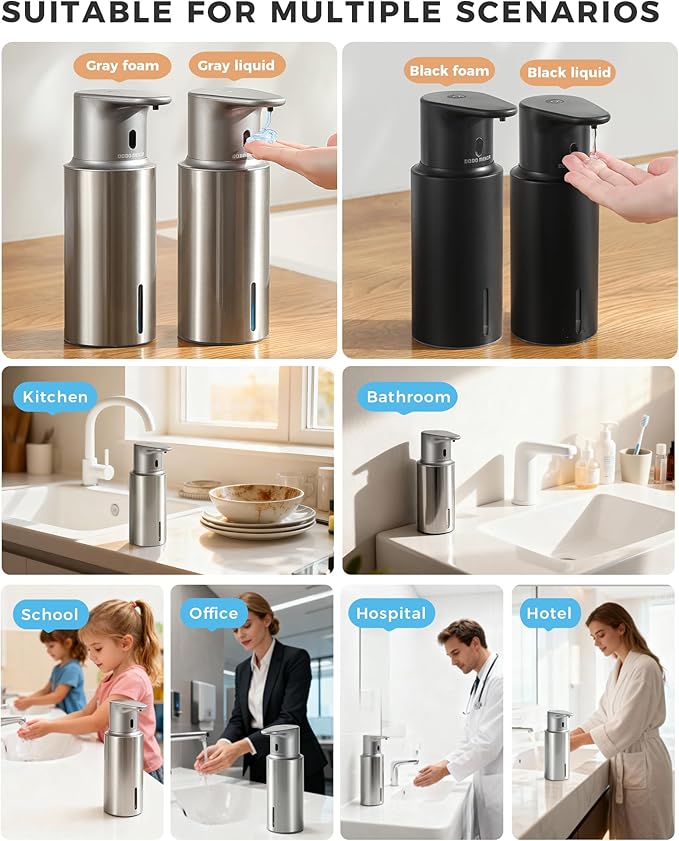 Automatic Liquid Soap Dispenser Touchless, 304 Stainless Steel Bottle Body &16.2oz/480ml Rechargeable, 3 Adjustable Liquid Levels, IPX7 Waterproof, for Kitchen Bathroom, Stainless Steel