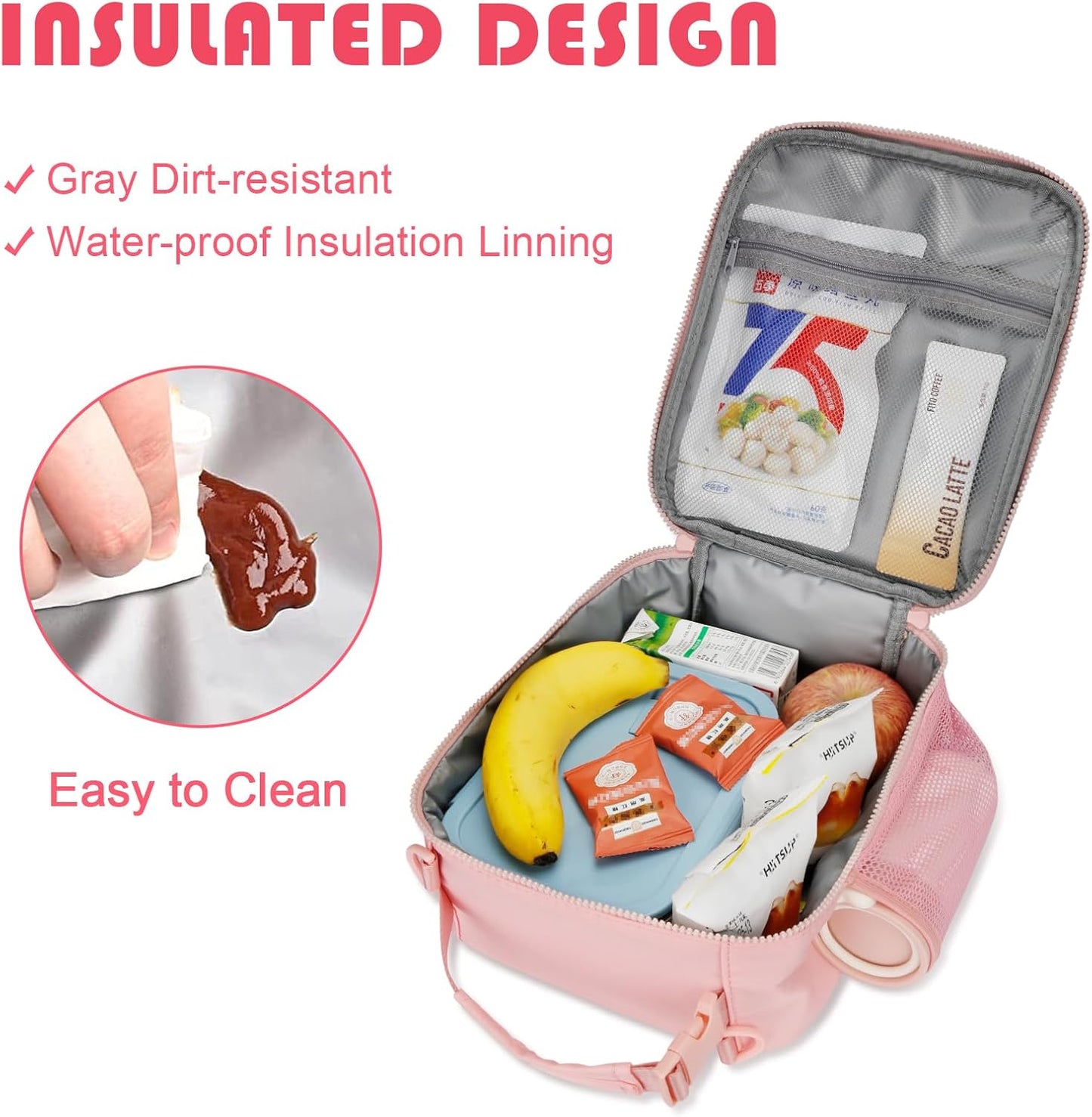 Initial Insulated Lunch Bag for Girls Kids, Back to School Gift, Reusable Leak-proof Lunch Box with Adjustable Strap for School Daycare Travel Picnic (Pink,F)