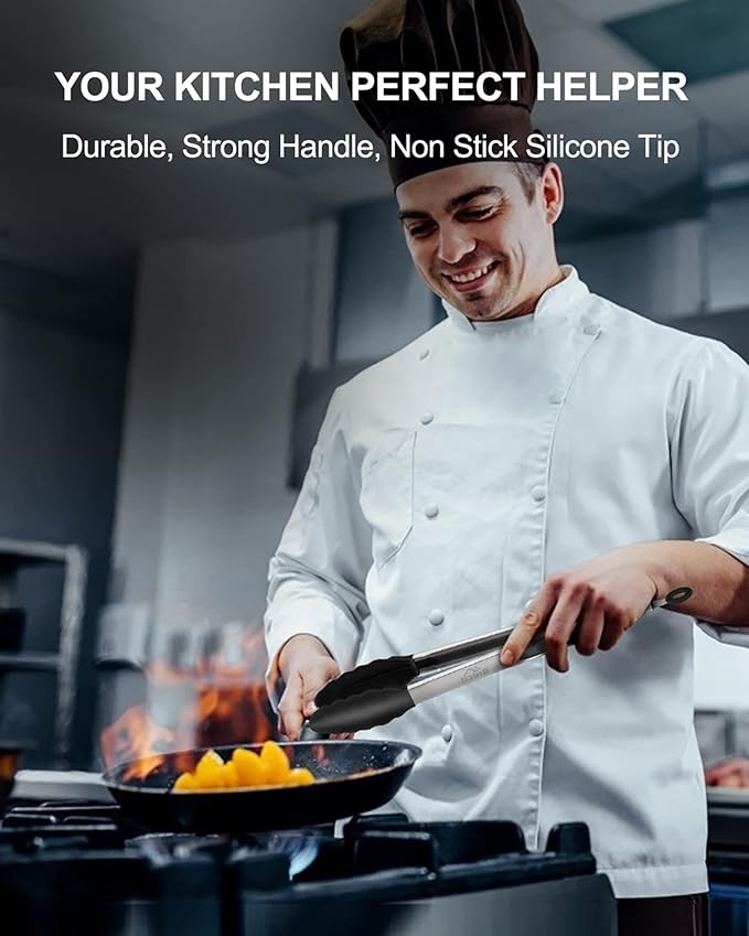 600ºF Heat Resistant Kitchen Tongs, Premium Locking Cooking Tongs with Silicone Tips, Non-Slip Food Tongs for Cooking, Non-Stick, Heavy Duty Stainless Steel Handle, Set of 3-7" 9" and 12" Black