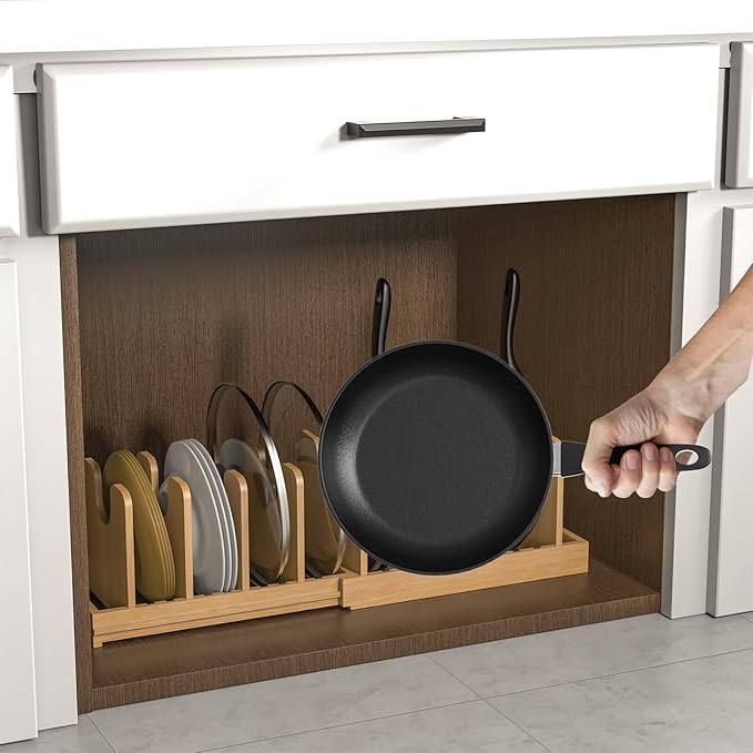 Expandable Pot Lid Organizer, Bamboo Pot and Pan Organizer for Under Cabinet, 16" to 28" Adjustable Length and 10 Dividers
