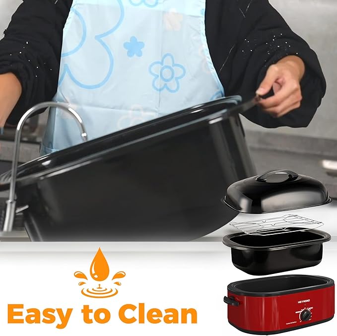 18 Quart Roaster Oven with Self-Basting Lid, Large Electric Turkey Roaster Oven with Defrost & Warm Function, Adjustable Temperature, Removable Pan & Rack, Stainless Steel, Red
