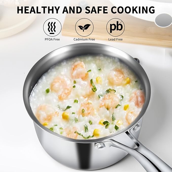 EWFEN 3 Ply Stainless Steel Sauce Pan Set with Lids, 1 & 2 Quart Multipurpose Cooking Pot, Stay-Cool Handle, Induction Oven Dishwasher Safe, 1QT & 2QT