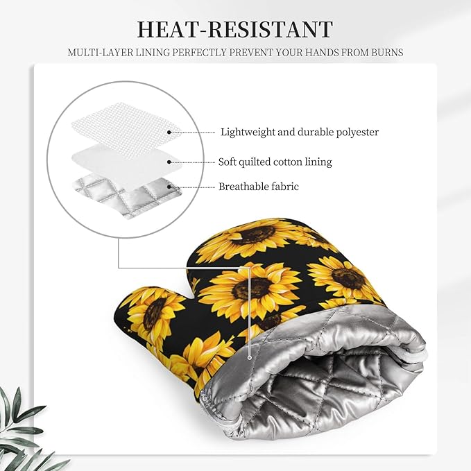 Pretty Sunflower Stylish Oven Mitts and Pot Holders Sets of 4, Heat Resistant Silicone Oven Mittens and Potholders Gloves Hot Pads for Kitchen Cooking Baking Grilling BBQ Chef