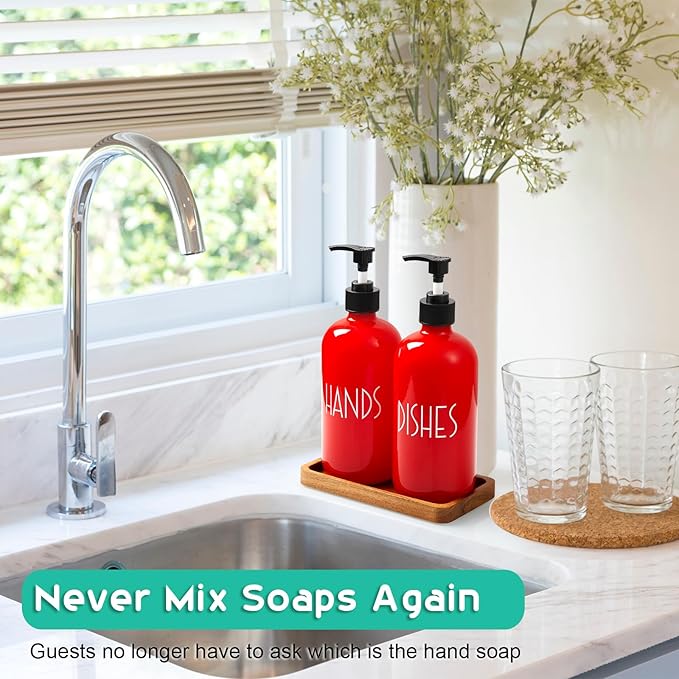 ALELION Red Dish Soap Dispenser for Kitchen - 16 OZ Glass Hand Soap Dispenser Set with Pump and Acacia Wood Tray - for Red Kitchen Decor or Accessories