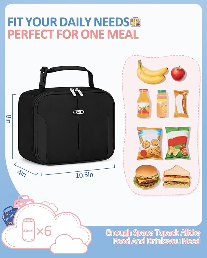 Capolo Insulated Lunch Box for Kids, Cute Thermal Lunch Bag for School, Reusable Lunch Tote for Boys and Girls, Durable Cooler Bag with Easy Grab Handle, Lightweight and Easy to Clean Meal Bag, black