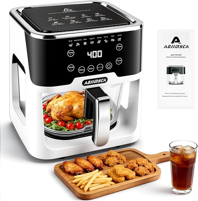 Glass Air Fryer, Portable Air Fryer with 6.0QT Glass Container, Adjustable Temp & Time, Overheat & Power-Off Protection, 8-in-1 Non Toxic AirFryer for Quick Easy Meals