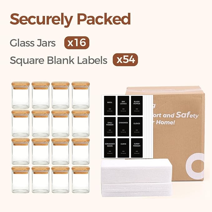 ComSaf Spice Jars with Label 4oz 16 Pack, Glass Spice Jars with Bamboo Lid, Small Seasoning Containers with 54 Black Labels, Stackable for Kitchen, Pantry Organization, Loose Tea, Herbs, Powders, Salt