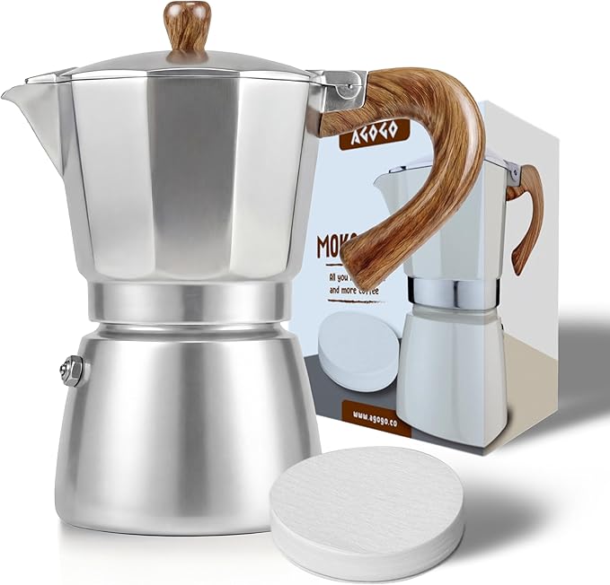 AGOGO Milano Moka Pot Stovetop Espresso Maker with 100 Paper Filters for Sediment-Free Coffee, Classic Italian Greca with Wood-Grain Handle,Cleaning Brush & Towel 6 Cup (10oz / 300ml) Silver