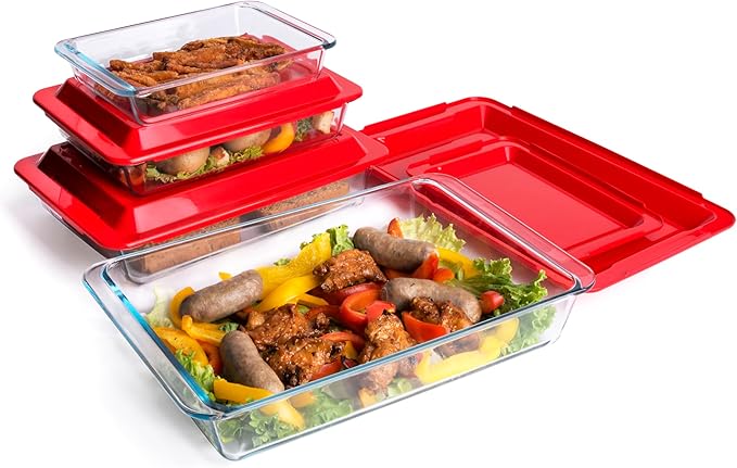 Set of 8 pcs Tempered Nesting Glass Baking Pan Set, Glass Baking Dish with BPA Free Lids. Oven, Microwave, Refrigerator and Dishwasher Safe - 1L, 1.7L, 2.8L, 4.2L