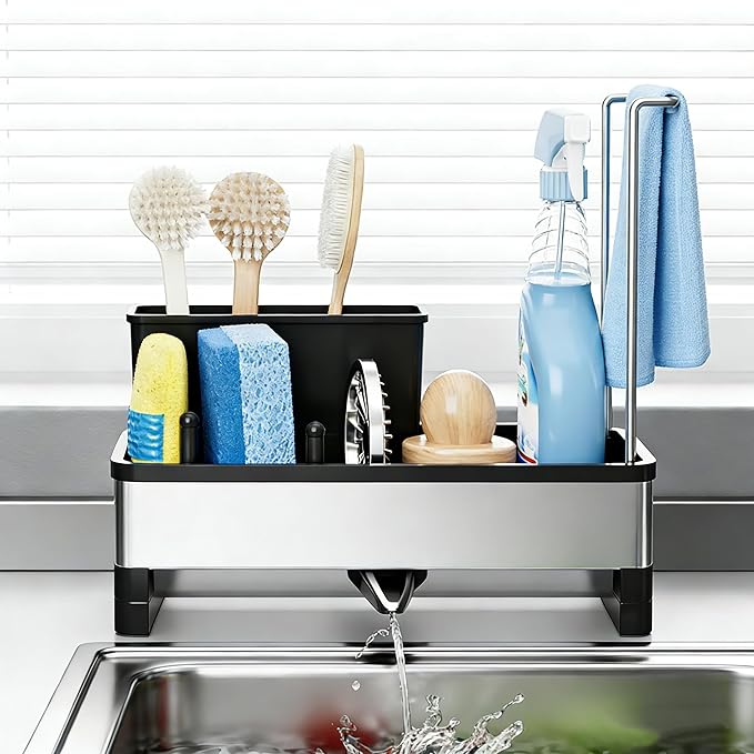 304 Stainless Steel Sink Caddy with Auto-Drain, Kitchen Sink Organizer Sponge Holder with Towel Rack & Removable Brush Holders, Countertop Storage for Soap Dispenser, Dishcloth, Kitchen Accessories