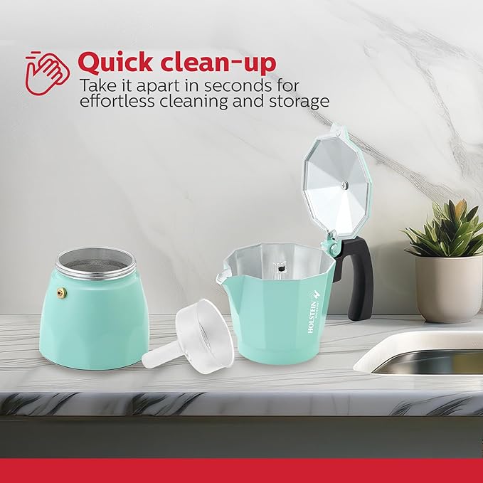 Holstein Housewares - 6 Cup Aluminum Stovetop Espresso Maker and Moka Pot - Great Tasting Traditional Espresso Coffee, Italian and Cuban Café Brewing in Minutes, Mint