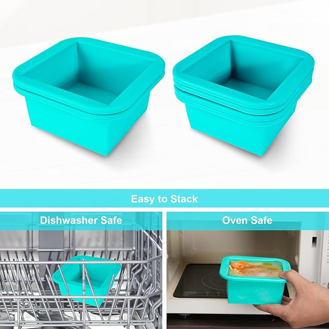 Silicone Freezer Tray with Lid 4 Pack Silicone Freezer Molds Ice Cube Tray Makes 4 Perfect 2 Cup Portions Soup Cubes Meal Prep Containers- Oven & Dishwasher Safe