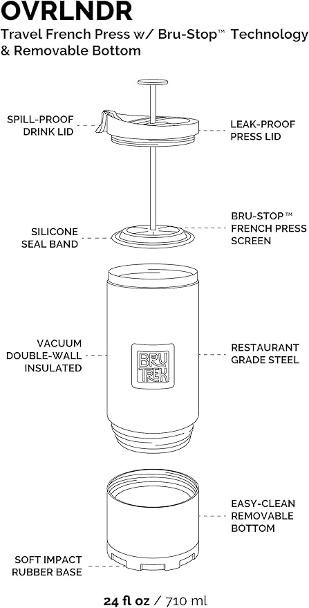 BruTrek® by Planetary Design OVRLNDR Travel Coffee French Press, 24 fl.oz, Double Wall Insulated, Patented Removable Bottom, Locking No Spill Lid, On The Go Coffee Brewing (Storm Gray)