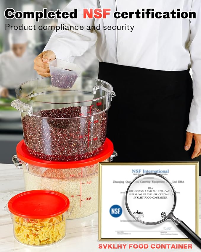 2QT NSF Food Storage Containers: 8 PCS [Food Grade][Hot&Cold Resistant] Commercial Clear Round Food Storage Containers with Scales Handles for Home Restaurant Kitchen Proof Dough(BPA FREE)