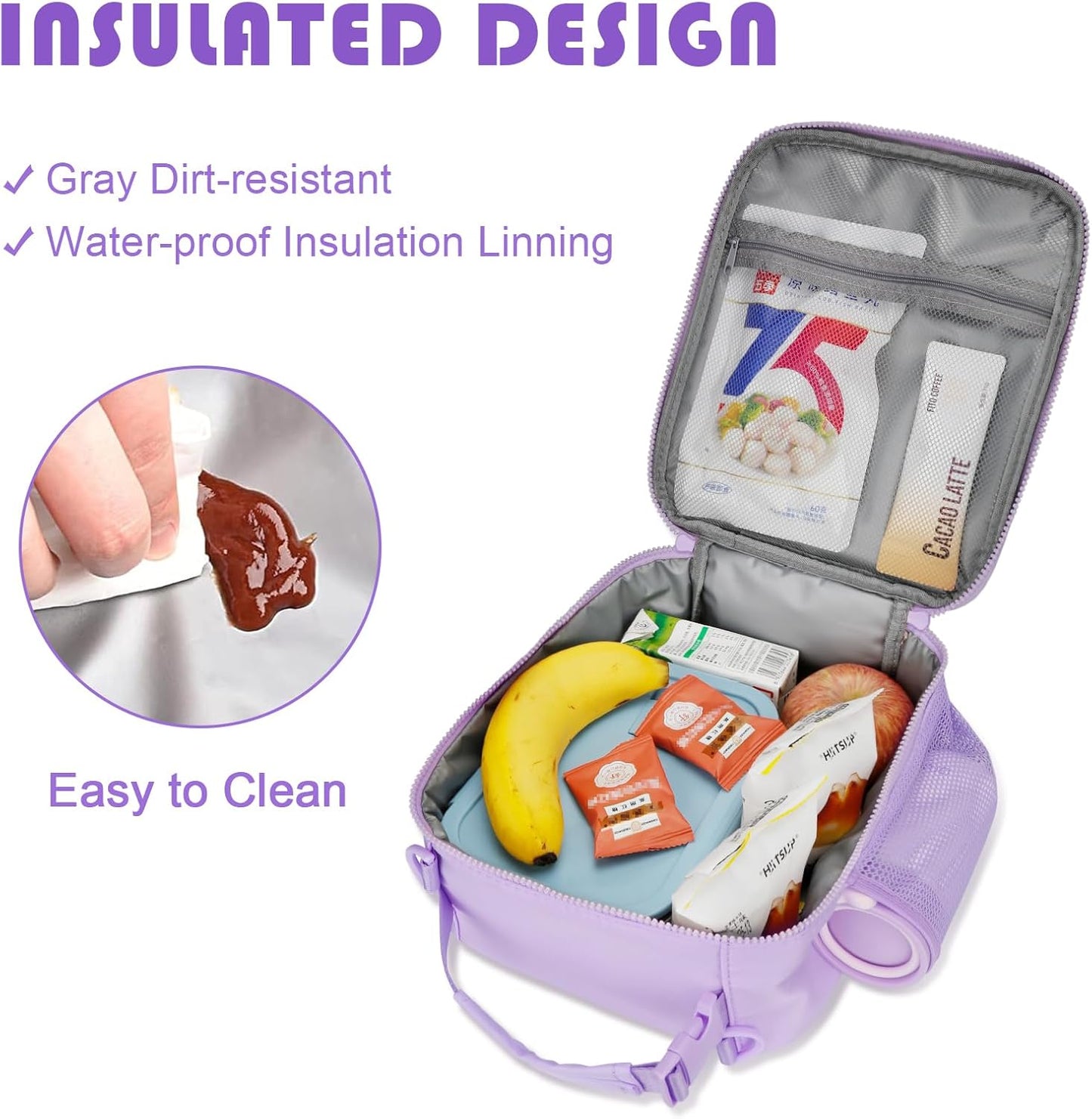 Initial Insulated Lunch Bag for Girls Kids, Back to School Gift, Reusable Leak-proof Lunch Box with Adjustable Strap for School Daycare Travel Picnic (Purple,S)