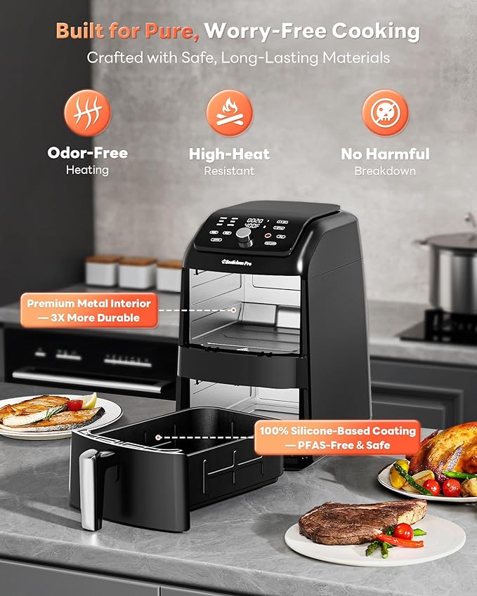 12QT Large Double Air Fryer, 10-in-1 Dual Airfryer with 2 Baskets & SyncHeat Tech for Even Cooking, Stacked Compact Design, Smart Finish & Match Cook, PFAS-Free Nonstick, Dishwasher Safe, Black