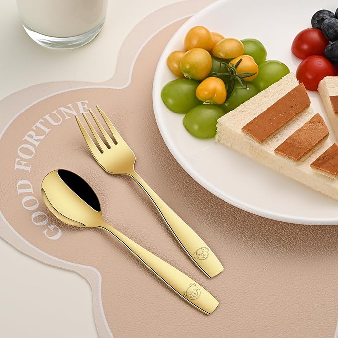 DEHOV Gold Toddler Eating Utensils Set,Set Of 12 Food Grade Stainless Steel Silverware Sets For Kids,Dishwasher Safe Children Small Metal Spoons And Forks Flatware Sets