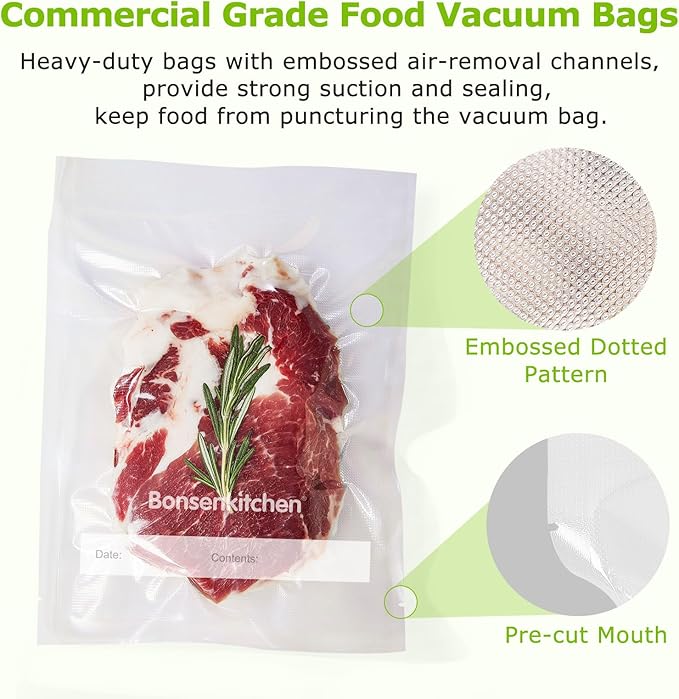 Bonsenkitchen Precut Vacuum Sealer Bags, 50 Pint 6" x 9" Food Sealer Bags, Food Grade, BPA Free, Heavy Duty, Customized Size Vacuum Bags for Vac Storage, Meal Prep or Sous Vide Cooking, VB10