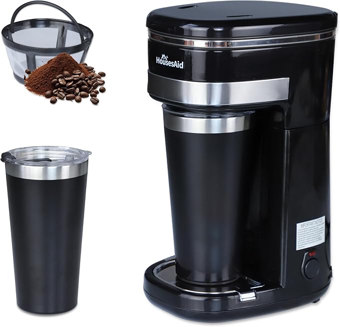 Coffee Machine,Single Serve Coffee Maker,One Cup Coffee Maker with Reusable Filter&One-touch Control Button,Portable Brewer for Camping,Travel&Home,Easy To Clean& Store,15oz/450ml,Black