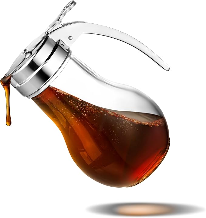 14 oz Glass Syrup Dispenser With No Drip Bottle for Maple Syrup, Honey, Pancake Mix, or Sugar - Dishwasher Safe Container With Metal Easy Pour Lid (414mL)