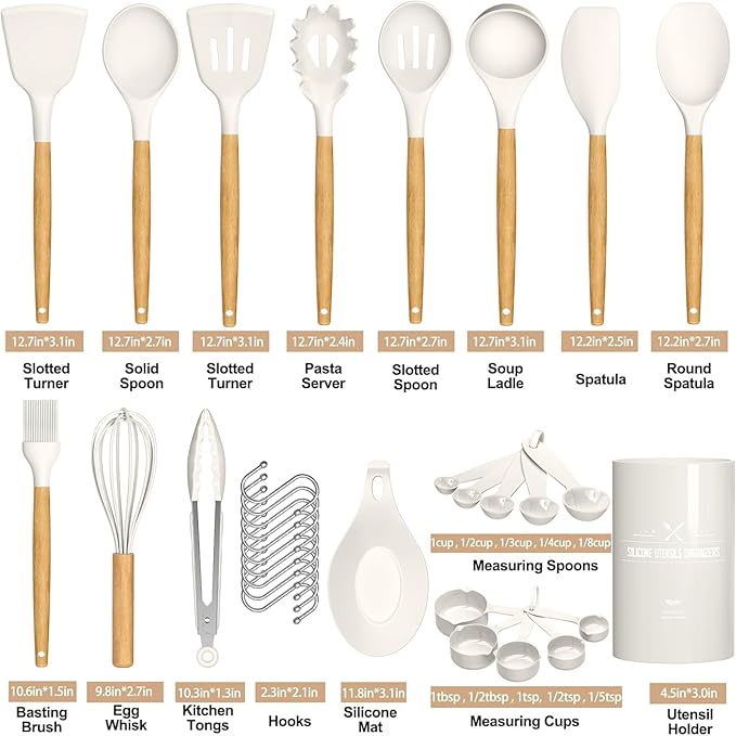 Umite Chef Kitchen Cooking Utensils Set, 33 pcs Non-stick Silicone Cooking Kitchen Utensils Spatula Set with Holder, Wooden Handle Silicone Kitchen Gadgets Utensil Set (Cream White)