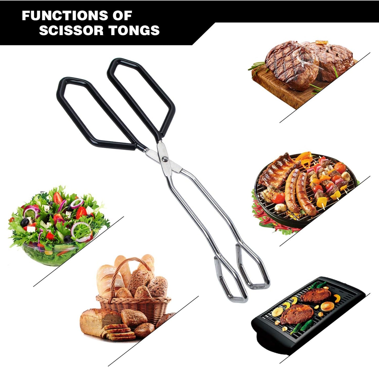 MSY BIGSUNNY Scissor Tongs Heavy Duty Cooking Tongs with Soft Handles (Stainless Steel, black 11")