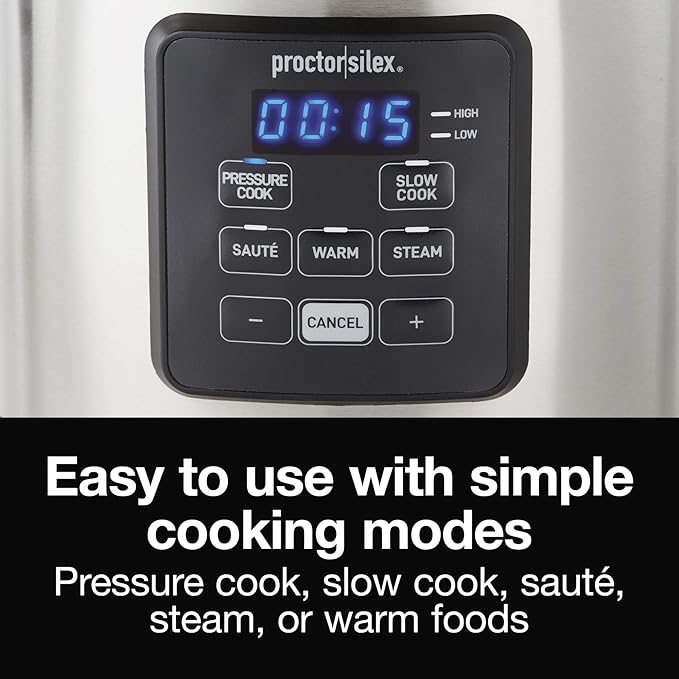 Proctor Silex Proctor-Silex Simplicity 4-in-1 Electric Pressure Cooker, 3 Quart Multi-Function With Slow Cook, Steam, Sauté, Rice, Stainless Steel (34503)