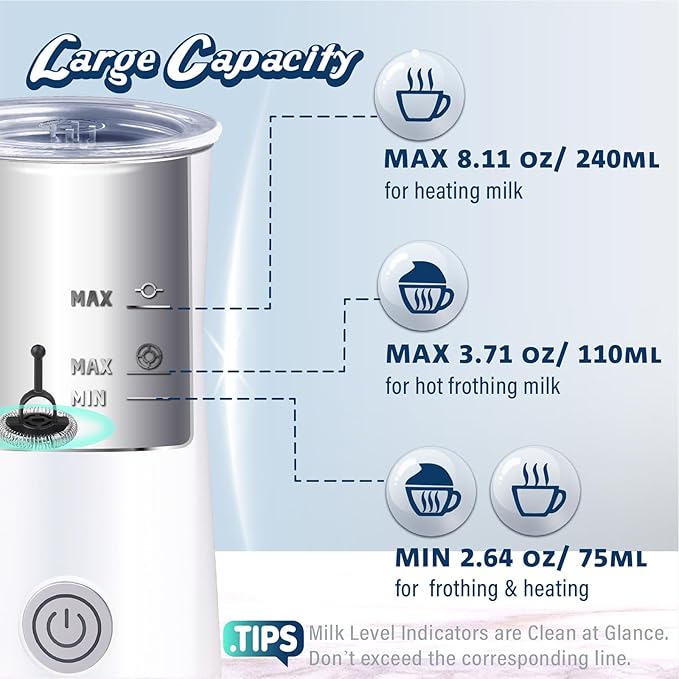 Huogary Milk Forther Simple Milk Frother and Steamer 2-in-1 Milk Steamer with Hot Milk Foam and Hot Milk for Latte, Macchiato, Cappuccinos, White （Medium）