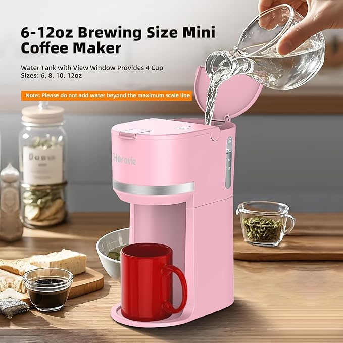 Horavie Mini Single Serve Coffee Maker for K Cup and Ground Coffee, Fast Brew One Cup Coffee Machine with Descaling Reminder and Water Window, 6 to 12 oz. Brew Sizes, Pink