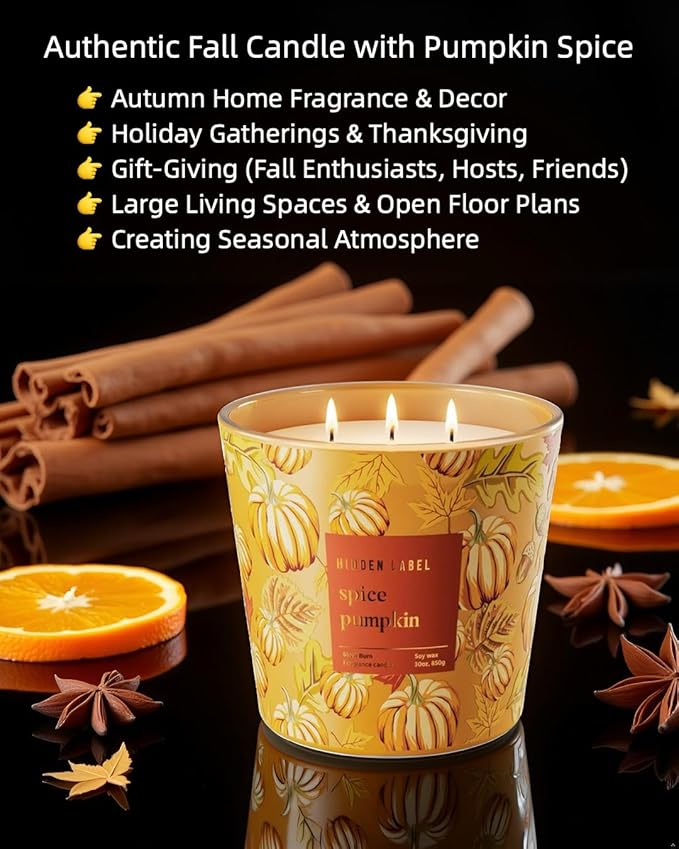 Hidden Label Pumpkin Spice Fall Candles, 3 Wick Large Scented Candle for Home, 30oz Natural Soy Candles for Home Scented,100 Hour Burn Time, Long Lasting Highly Scented Luxury Candle Gift