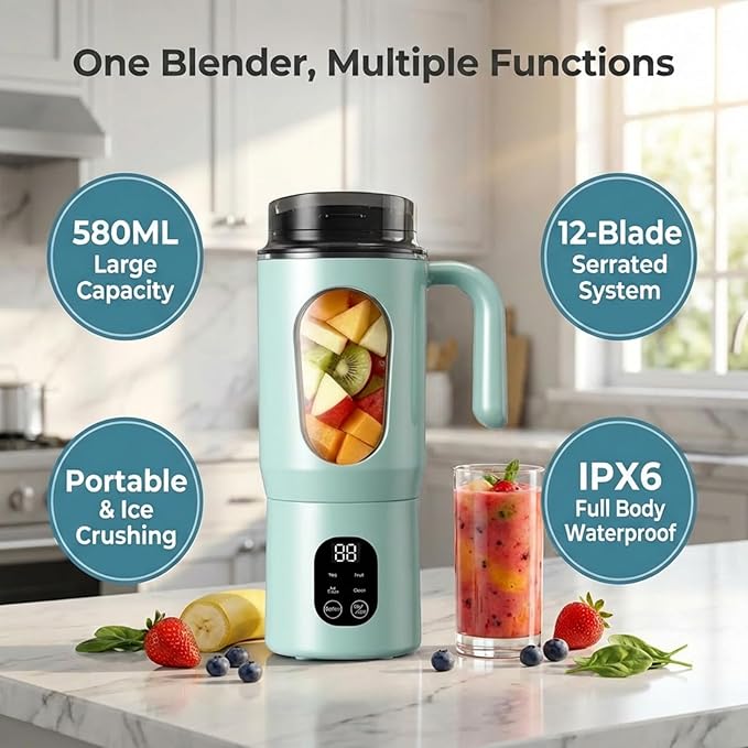 Portable Blender 12-Blades Portable Juicer for Smoothies, 580ml Rechargeable Personal Blenders with Handle & Extra Lid, USB-C Mini Blender Cup for Travel, Office, Gym, BPA-Free (Green)