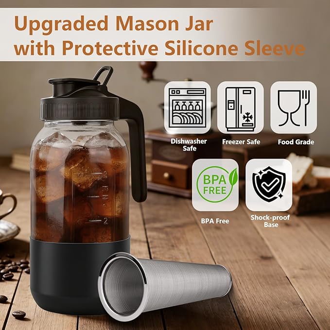 Cold Brew Coffee Maker, 64oz Mason Jar Pitcher with Stainless Steel Filter, Leak-Proof Lid with Pour Spout & Handle, Heavy Duty Glass Iced Coffee Tea Brewer with Protective Silicone Sleeve-Black