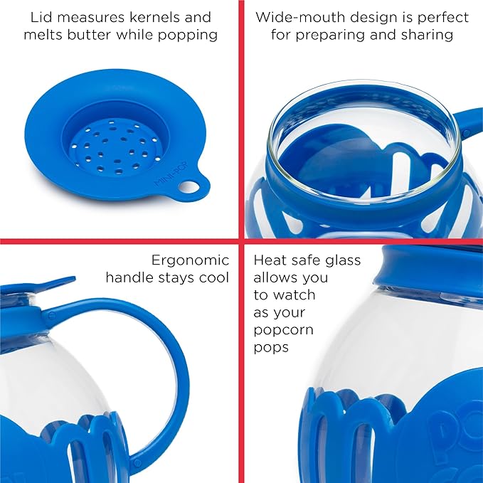Ecolution Patented Micro-Pop Microwave Popcorn Popper with Temperature Safe Glass, 3-in-1 Lid Measures Kernels and Melts Butter, Made Without BPA, Dishwasher Safe, 3-Quart, Blue