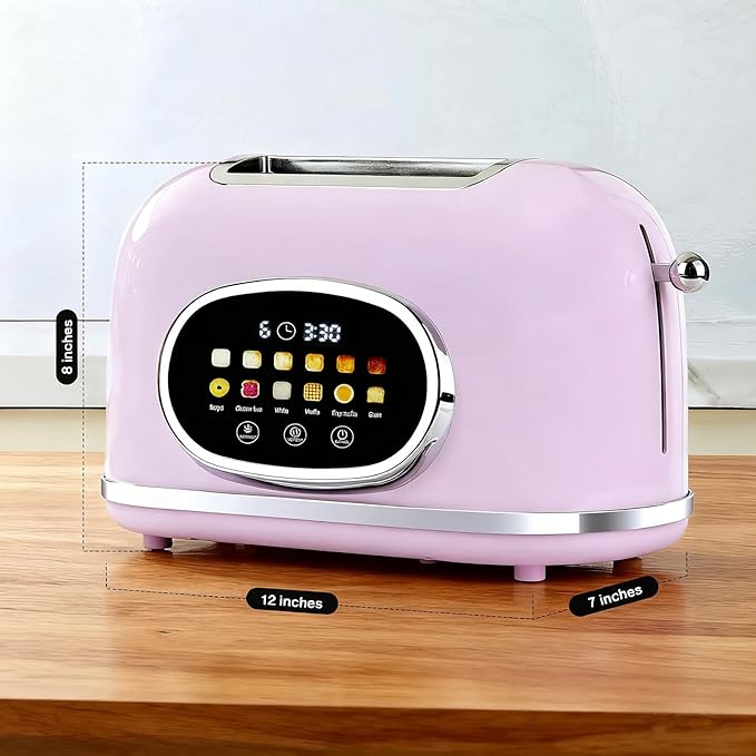 Roter Mond 2 Slice Toaster Smart Touch Screen, Retro Stainless Steel Bread Toaster with Digital Timer, Sleep Mode, Bagel, Cancel, and Defrost Functions, 6 Bread Types and Shade Settings, Light Purple