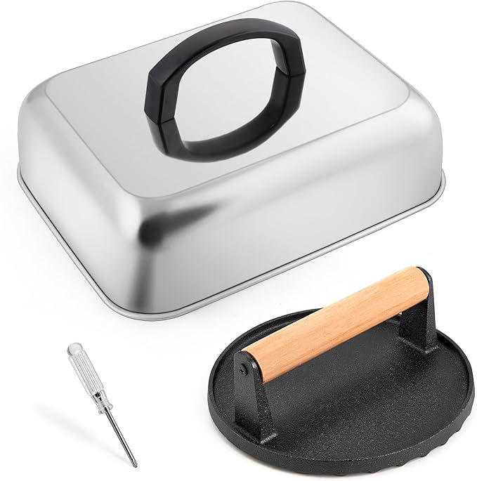 HaSteeL Cheese Melting Dome & Burger Press, Stainless Steel Basting Steaming Cover & Round Cast Iron Bacon Press, Ideal for Flat Top Griddle Grill Hibachi Stove Barbecue, Heavy Duty & Easy to Clean