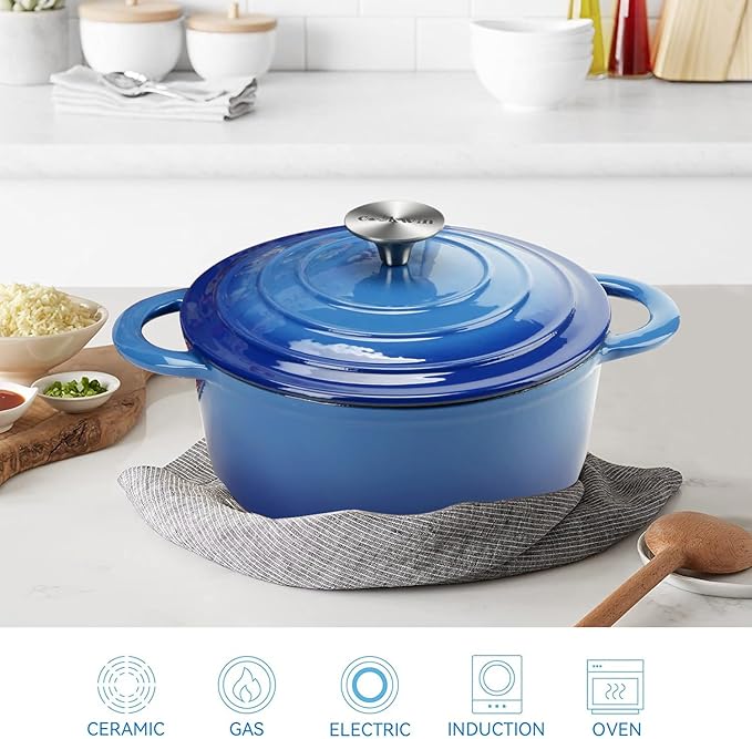 4.5QT Enameled Cast Iron Dutch Oven with Lid, Heavy-Duty and Dual Handles Cookware Round Pot, Oven Safe up to 500° F for Baking, Braising, Cooking and Roasting, Blue