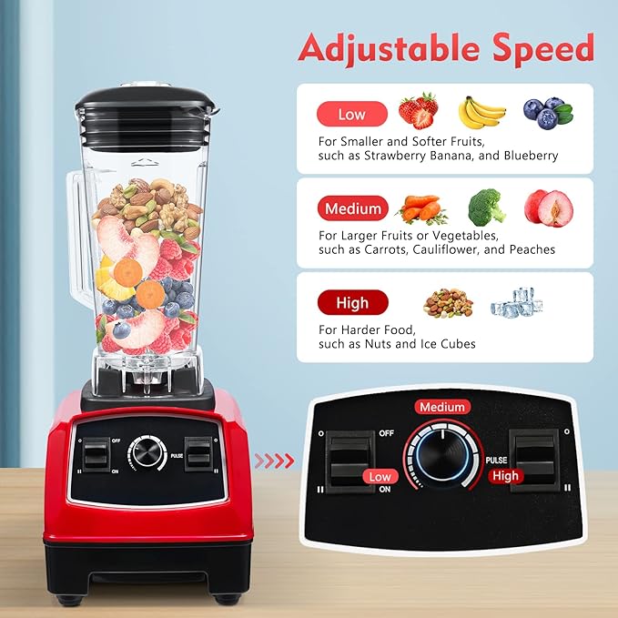 Heavy Duty Household Grade Smoothie Juicer,Adjustable Speed Countertop Smoothie Mixer,Low Noise Self-cleaning Blender 24000-26000rpm 2L/68oz (Red)