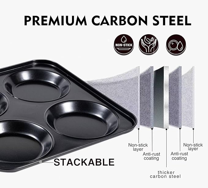 Muffin Top Pan Non Stick 4 Cavity Baking Moon Pie Whoopie Pie, 4 Inch Yorkshire Pudding Pan Hamburger Bun Pan Cake Baking Tray Egg Sandwich Mold Maker Mold for Oven, Air Fryer