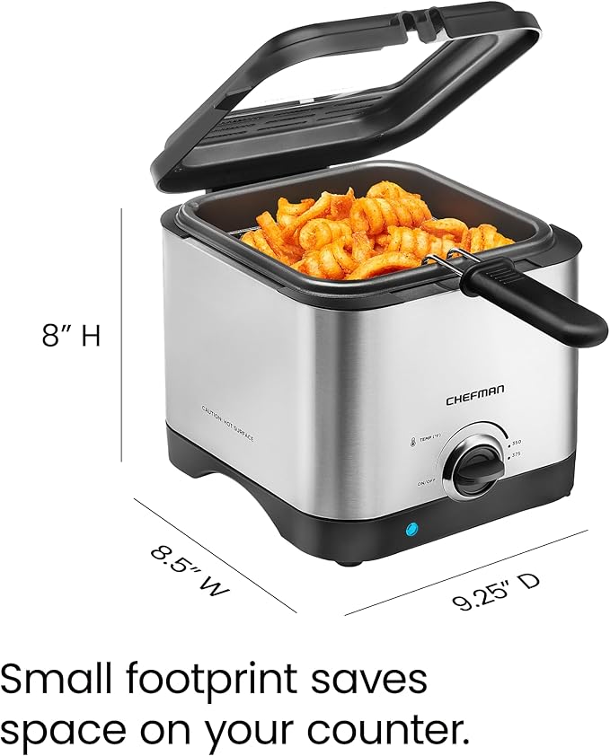 Chefman Fry Guy, The Most Compact & Convenient To Deep Fry Comfort Food, Restaurant-Style Basket With A 1.6-Quart Capacity, Easy-View Window & Adjustable Temp Control, Stainless - 1.5 Liter